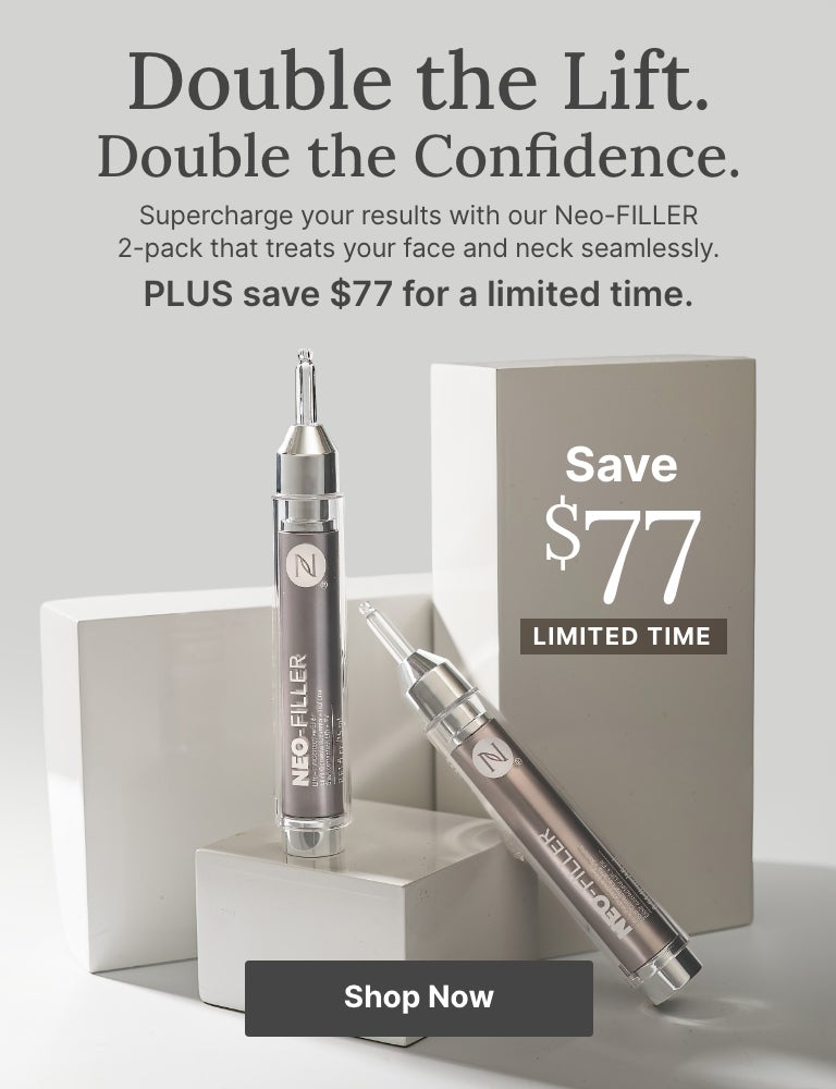 Two Neo-FILLER tubes displayed on white blocks with text reading, “Double the Lift. Double the Confidence.” It highlights a 2-pack with a limited-time $77 savings offer and a “Shop Now” button.